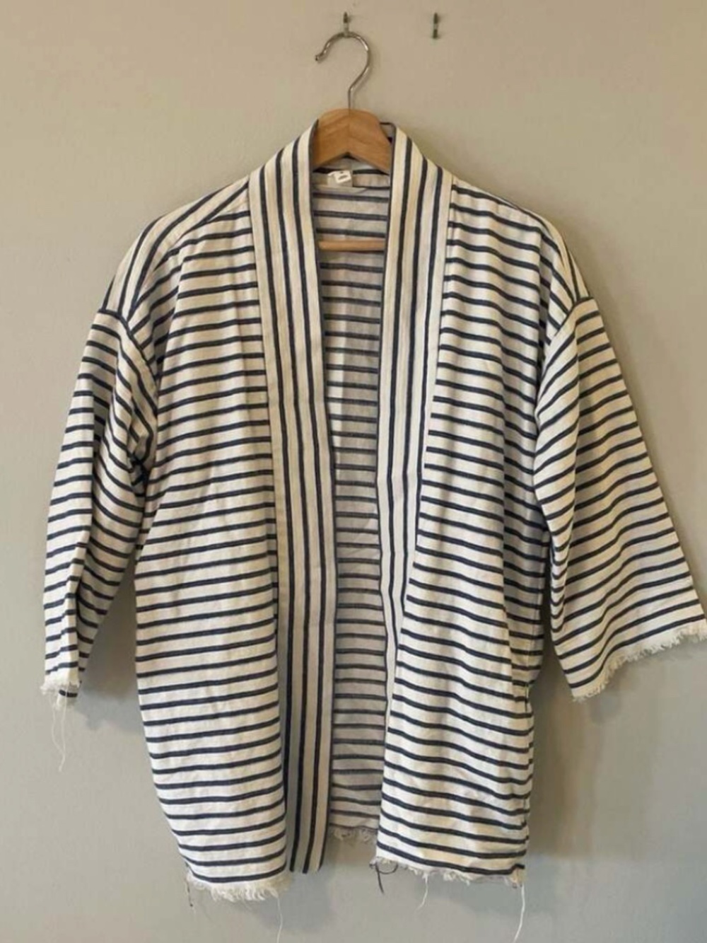 GAP Women's Blue and White Striped Linen-Blend Kimono Cardigan w/ Frayed Hem, XS